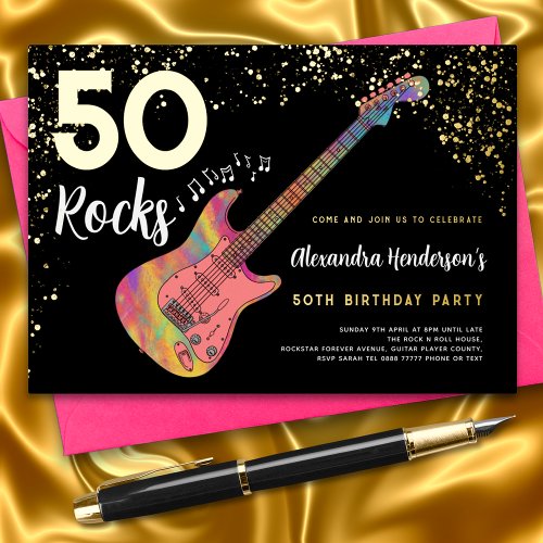 50 Rocks 50th Birthday Party Pink Black Gold Foil Invitation