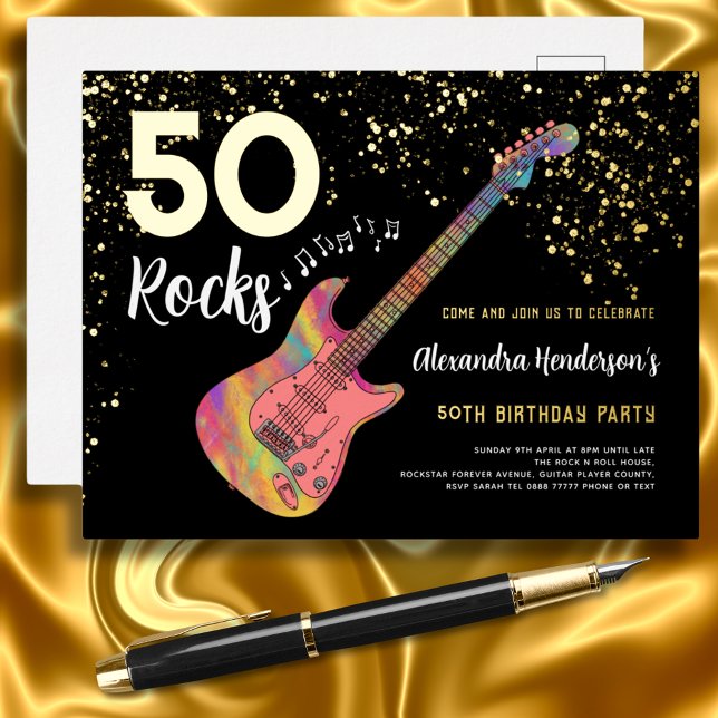 50 Rocks 50th Birthday Party Pink Black Gold Foil Invitation Postcard (50 Rocks Pink Black an gold foil cool rock and roll 50th birthday invitation postcard )