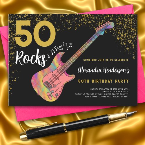 50 Rocks 50th Birthday Party Pink Black Gold Invitation
