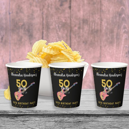 50 Rocks 50th Birthday Party Pink Black Gold Paper Cups