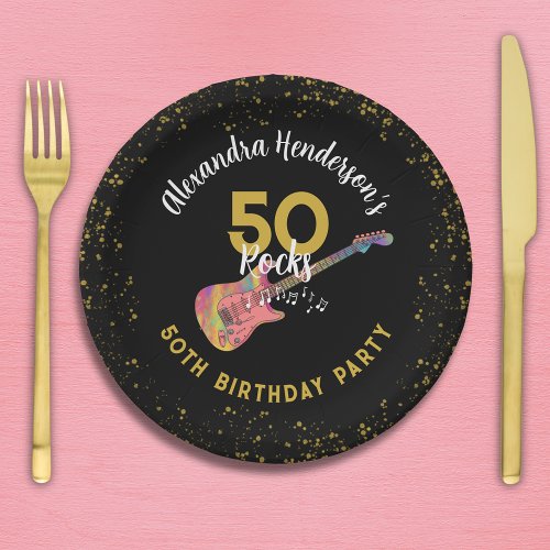 50 Rocks 50th Birthday Party Pink Black Gold Paper Plates