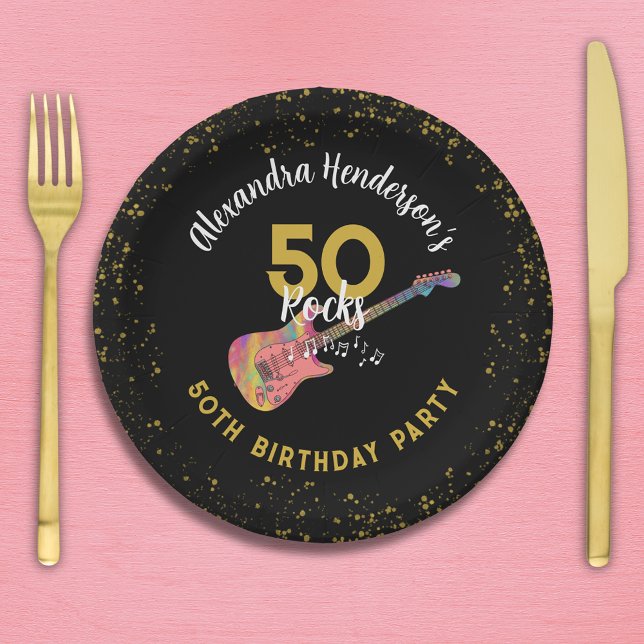 50 Rocks 50th Birthday Party Pink Black Gold Paper Plates (50 Rocks 50th birthday party pink black and gold glitter personalized paper plates)