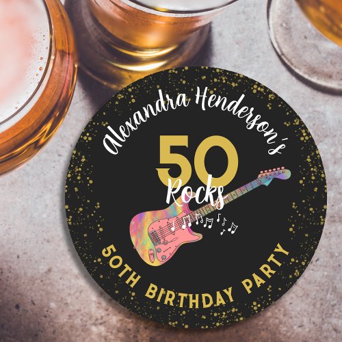 50 Rocks 50th Birthday Party Pink Black Gold Round Paper Coaster