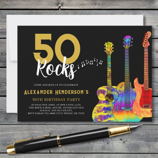 50 Rocks Birthday Party Guitars Invitation (50 Rock birthday party invitation for him funky guitars and cool gold and black 50th birthday invite)