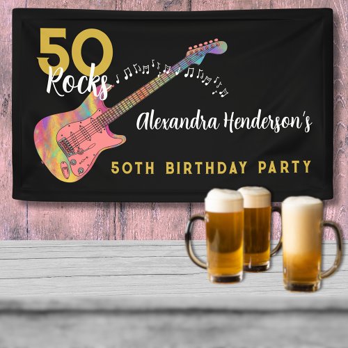 50 Rocks Birthday Party Pink Guitar Black and Gold Banner
