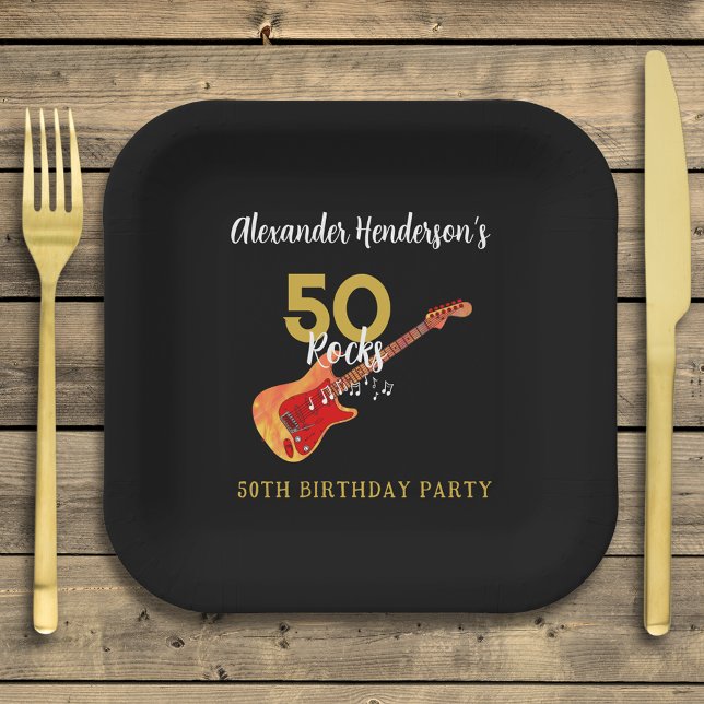 50 Rocks Cool 50th Birthday Party Paper Plates (50 rocks cool rock and roll 50th birthday party black and gold paper plate personalized )