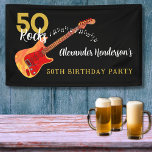 50 Rocks Cool Guitar 50th Birthday Party Banner<br><div class="desc">Celebrate fifty in rock and roll style with this cool 50 Rocks fire Guitar 50th birthday party banner. Unique detailed funky flame electric guitar illustration with red pick guard. Modern gold typography on trendy black background with easy to use templates to personalize for your rockstar husband, boyfriend or partner. Ideal...</div>
