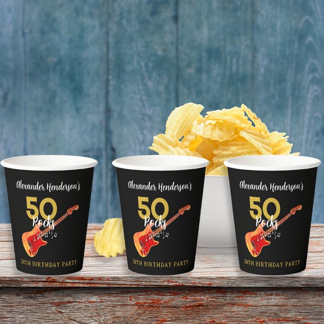 50 Rocks Cool Guitar 50th Birthday Party Paper Cups (50 Rocks Coll Fire Guitar 50th birthday party personalized paper cups gold and black)