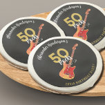 50 Rocks Cool Guitar 50th Birthday Party Sugar Cookie<br><div class="desc">Cool guitar 50 Rocks personalized 50th birthday party balloon. Whether it’s your rockstar husband, boyfriend, dad or friend this cool flame electric guitar with red pick guard illustration, musical notes and gold modern typography script celebrate them in rock n roll style. Easy to use templates so you can add the...</div>