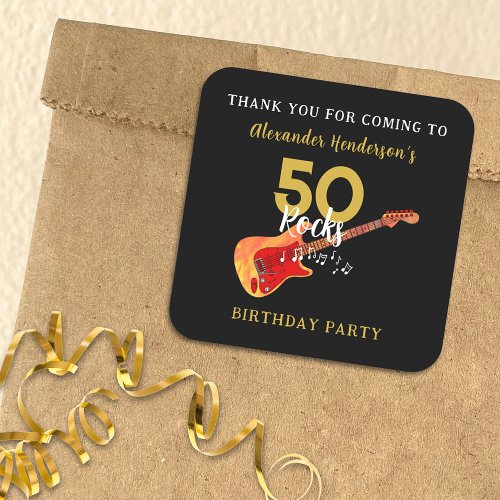 50 Rocks Cool Guitar 50th Birthday Party Thank You Square Sticker