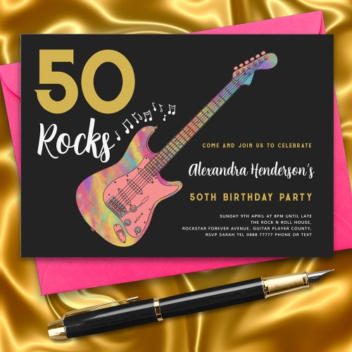 50 Rocks Cool Pink Guitar 50th Birthday Party Invitation