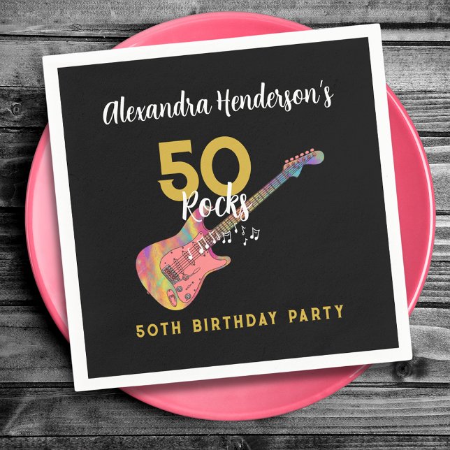 50 Rocks Cool Pink Guitar 50th Birthday Party Napkins (50 Rocks cool pink guitar black and gold custom 50th birthday party napkin)