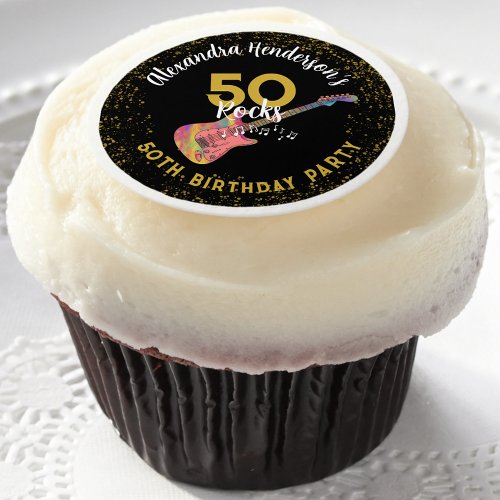 50 Rocks Pink Black Gold 50th Birthday Party Edible Frosting Rounds