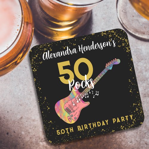 50 Rocks Pink Black Gold 50th Birthday Party Square Paper Coaster
