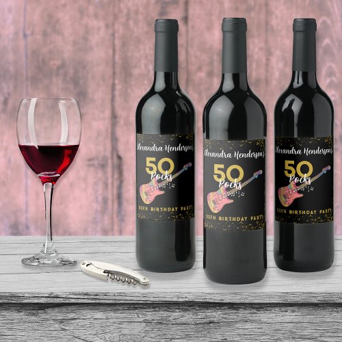 50 Rocks Pink Black Gold 50th Birthday Party Wine Label