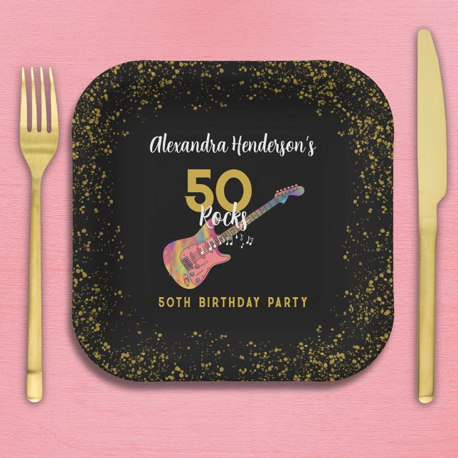 50 Rocks Pink Gold Black 50th Birthday Party Paper Plates (50 Rocks pink black gold glitter rock and roll 50th birthday party personalized square paper plate)