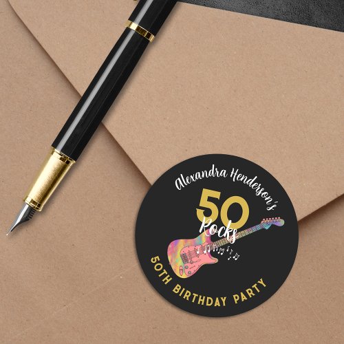 50 Rocks Pink Guitar 50th Birthday Party Gold  Classic Round Sticker