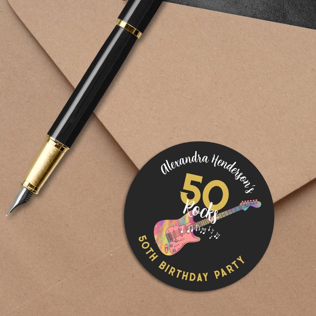 50 Rocks Pink Guitar 50th Birthday Party Gold  Classic Round Sticker (50 Rocks cool pink guitar black and gold custom 50th birthday party sticker)