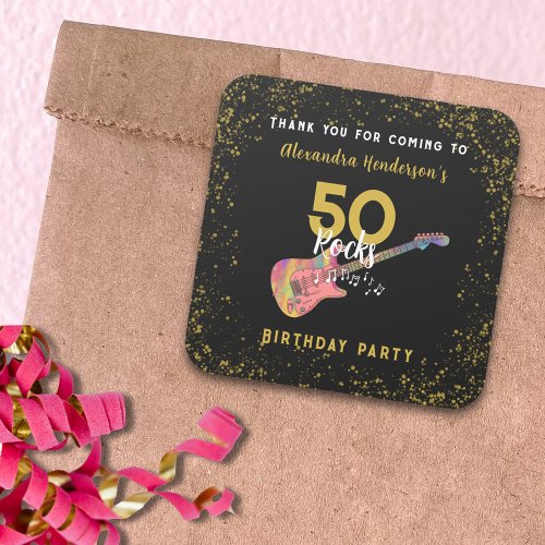 50 Rocks Pink Guitar 50th Birthday Party Thank You Square Sticker