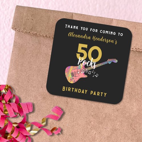 50 Rocks Pink Guitar 50th Birthday Party Thank You Square Sticker