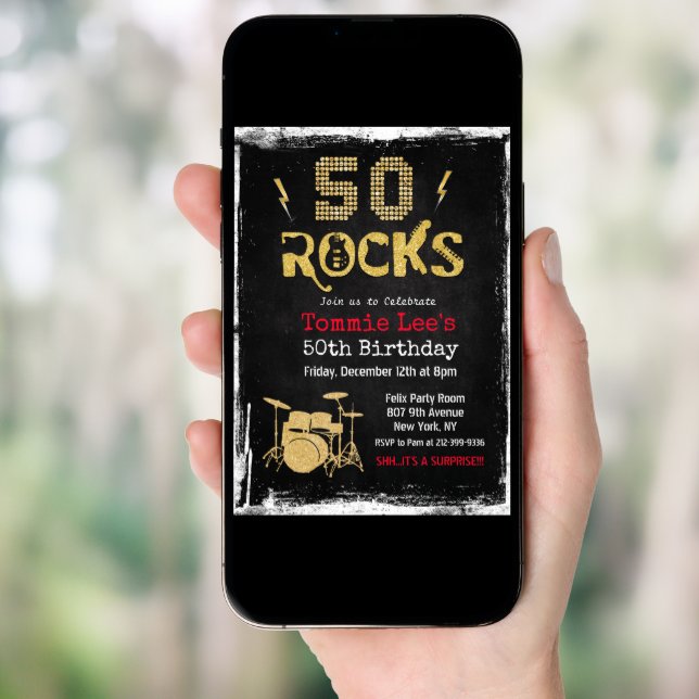 50 Rocks Rockstar Guitar 50th Birthday Invitation (Front Digital)