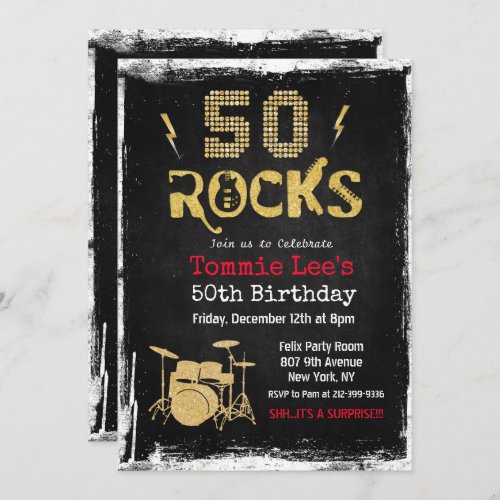 50 Rocks Rockstar Guitar 50th Birthday Invitation