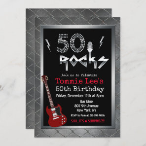 50 Rocks Rockstar Guitar 50th Birthday Invitation
