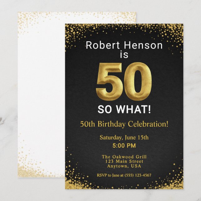 50 So What Black Gold 50th Birthday Invitation (Front/Back)