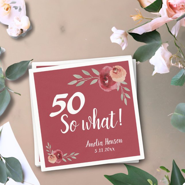 50 So what Red Watercolor Rose 50th Birthday Napkins (Creator Uploaded)
