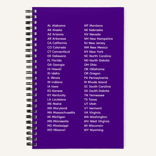 50 States Alphabetical Order – Royal Purple Notebook (Front)