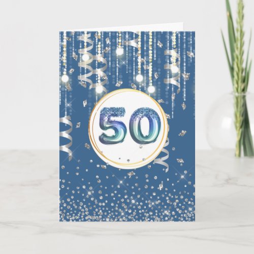 50 string lights blue glitter mens birthday card