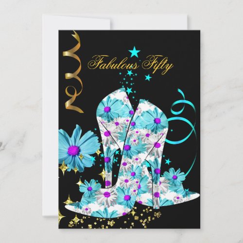 50 Teal Purple Floral Black Gold Birthday Party Invitation