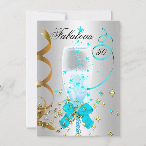50 Teal Silver Gold Birthday Party Custom Invites