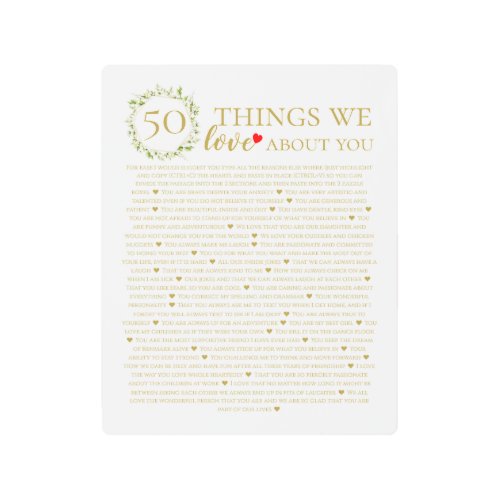 50 things we love about you foliage gold frame metal print