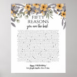 50 things we love about you silver yellow flowers poster<br><div class="desc">This is a DO IT YOURSELF XX Reasons why we love you. roses reasons we love you,  editable 50 Reasons,  60th birthday,  editable,  80th birthday,  memories,  love you,  mom,  retire You can edit the main body text. Designed by The Arty Apples Limited</div>
