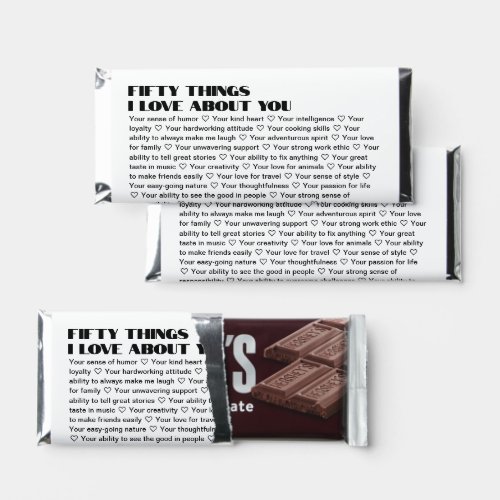 50 things we love about you Valentines Day Gift Hershey Bar Favors
