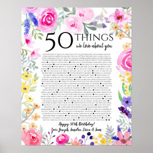 50 things we love about you watercolor flowers mom poster