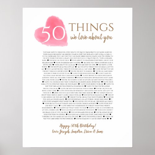 50 things we love about you watercolor heart mom poster