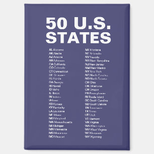 50 U.S. States Abbreviations List – Navy Blue Magnet