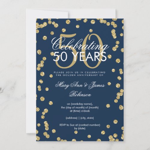 50 Wedding Anniversary Gold Glitter Confetti Navy Invitation