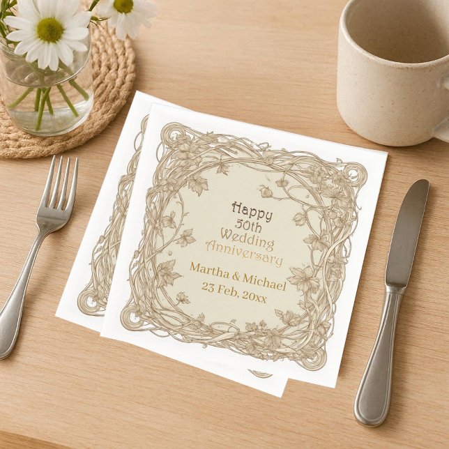 50 Wedding Anniversary Typography Gold Vine Frame  Napkins (50 Wedding Anniversary Typography Gold Vine Frame Napkins)