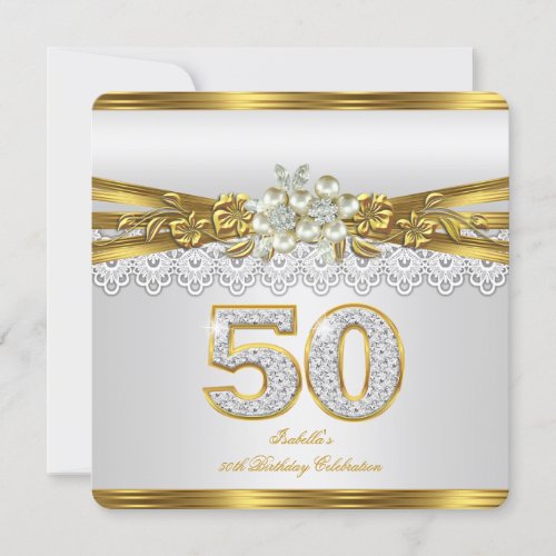 50 White Pearl Gold Lace 50th Birthday Party Invitation