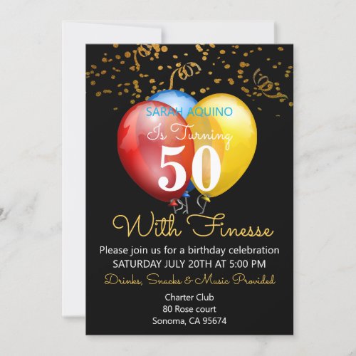 50 With Finesse Confetti  Balloons Black Birthday Invitation