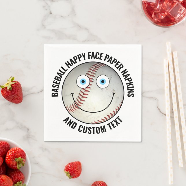 50 x Custom Baseball Party BLUE EYES Happy Face Napkins (Insitu)