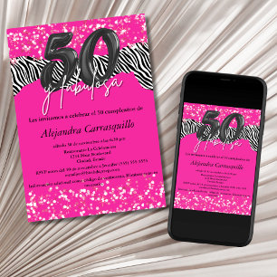 50 y Fabulosa Hot Pink Zebra Spanish 50th Birthday Invitation