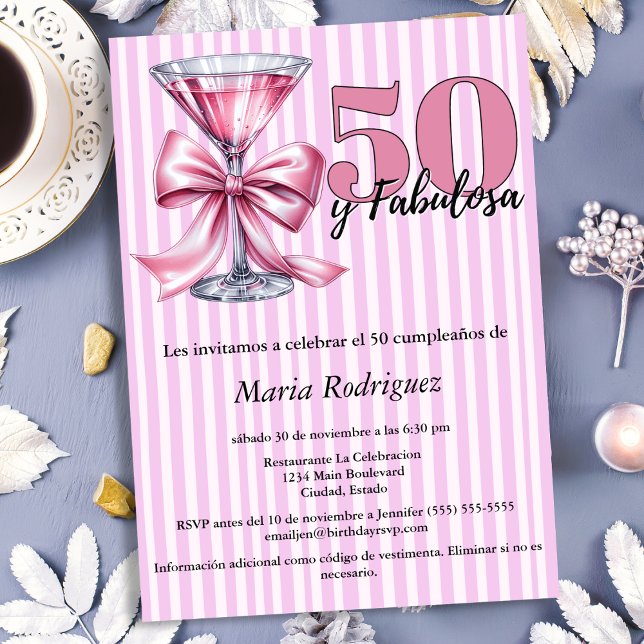 50 y Fabulosa Pink Martini Spanish 50th Birthday Invitation (Creator Uploaded)