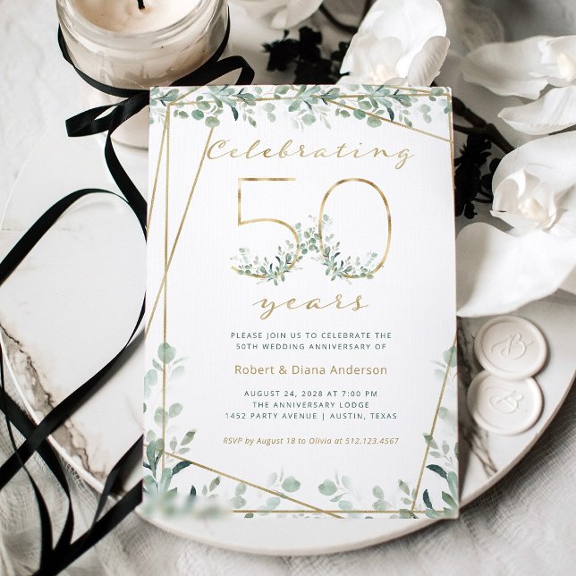 50 Year Anniversary | Gold Greenery and Photo Invitation (Creator Uploaded)