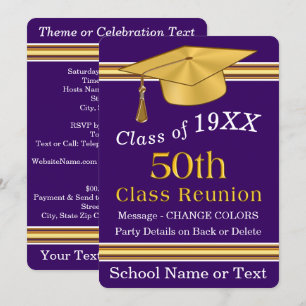 50 Year Class Reunion Invitations, Purple and Gold Invitation