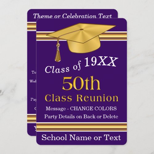 50 Year Class Reunion Invitations Purple and Gold Invitation