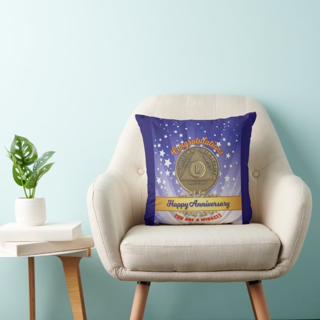 50 Year CUSTOM NAME Sober Anniversary Miracle Throw Pillow (Chair)